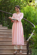 Thumbnail for Juniper Peach Cotton Dobby Festive Embroidered A-Line Long Kurta For Women - Distacart