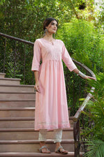 Thumbnail for Juniper Peach Cotton Dobby Festive Embroidered A-Line Long Kurta For Women - Distacart