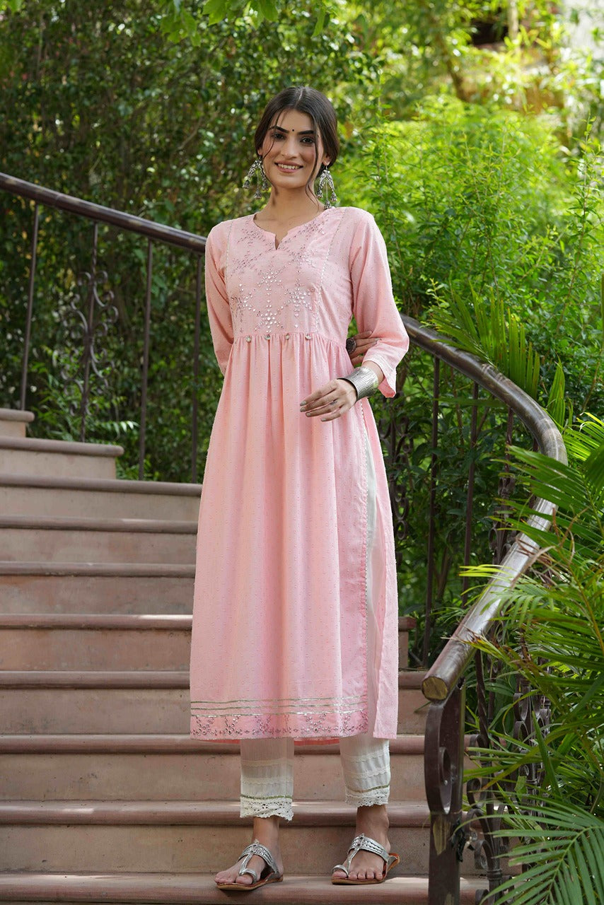 Juniper Peach Cotton Dobby Festive Embroidered A-Line Long Kurta For Women - Distacart