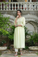Thumbnail for Juniper Pista Green Cotton Dobby Festive Embroidered A-Line Long Kurta For Women - Distacart