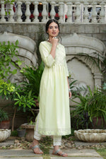 Thumbnail for Juniper Pista Green Cotton Dobby Festive Embroidered A-Line Long Kurta For Women - Distacart