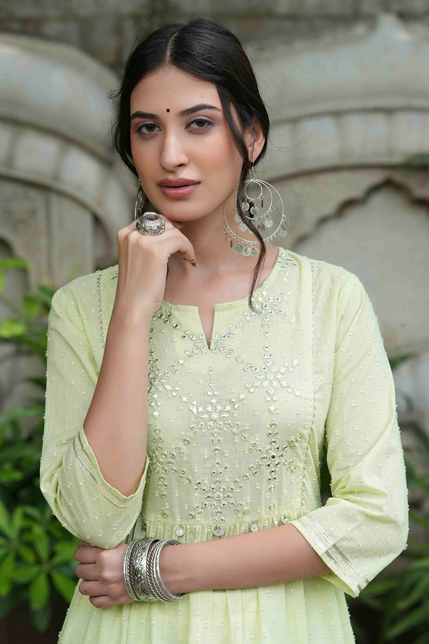 Juniper Pista Green Cotton Dobby Festive Embroidered A-Line Long Kurta For Women - Distacart
