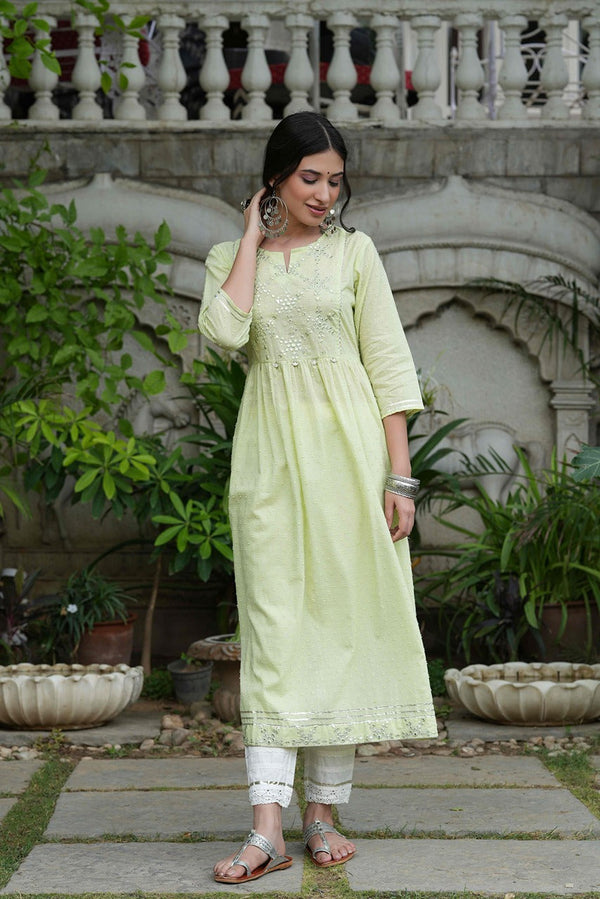Juniper Pista Green Cotton Dobby Festive Embroidered A-Line Long Kurta For Women - Distacart