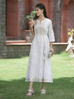 Thumbnail for Juniper White Cotton Lurex Festive Embroidered Flared Long Dress For Women - Distacart