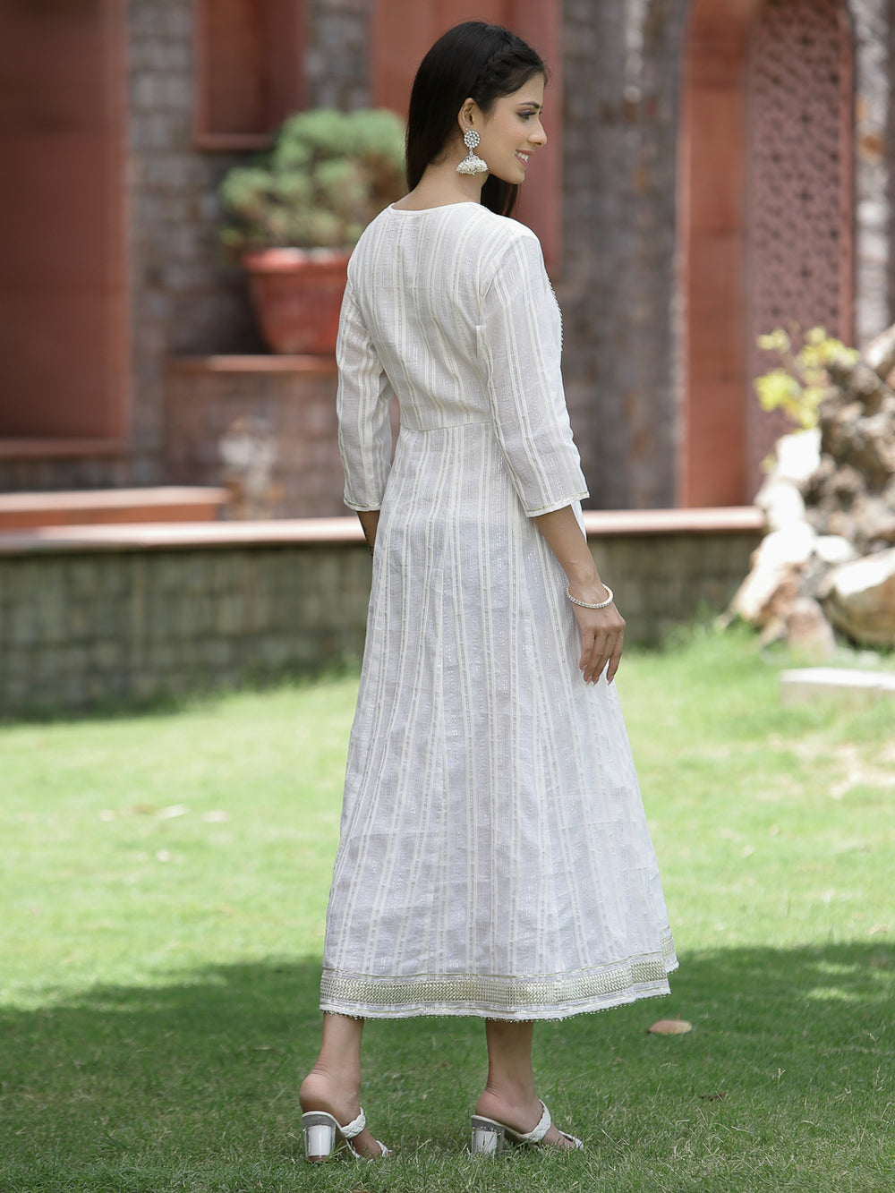 Juniper White Cotton Lurex Festive Embroidered Flared Long Dress For Women - Distacart