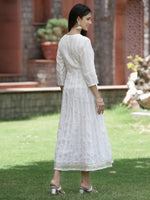 Thumbnail for Juniper White Cotton Lurex Festive Embroidered Flared Long Dress For Women - Distacart