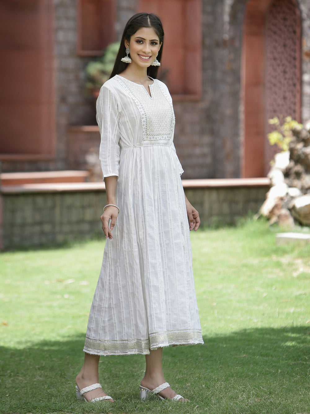 Juniper White Cotton Lurex Festive Embroidered Flared Long Dress For Women - Distacart