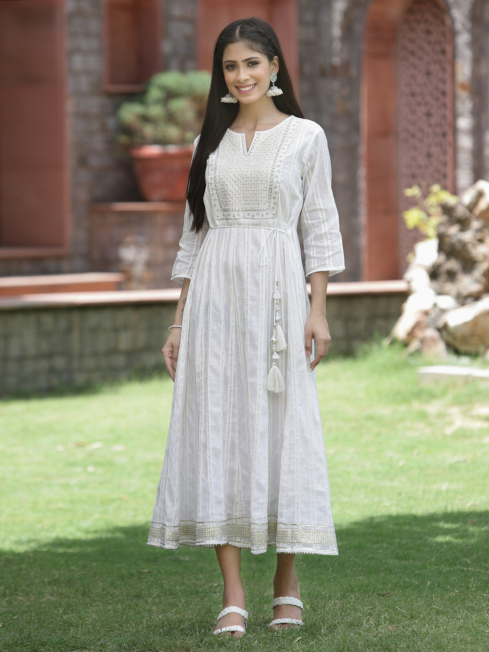 Juniper White Cotton Lurex Festive Embroidered Flared Long Dress For Women - Distacart