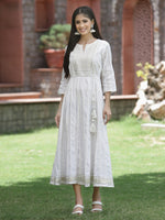 Thumbnail for Juniper White Cotton Lurex Festive Embroidered Flared Long Dress For Women - Distacart