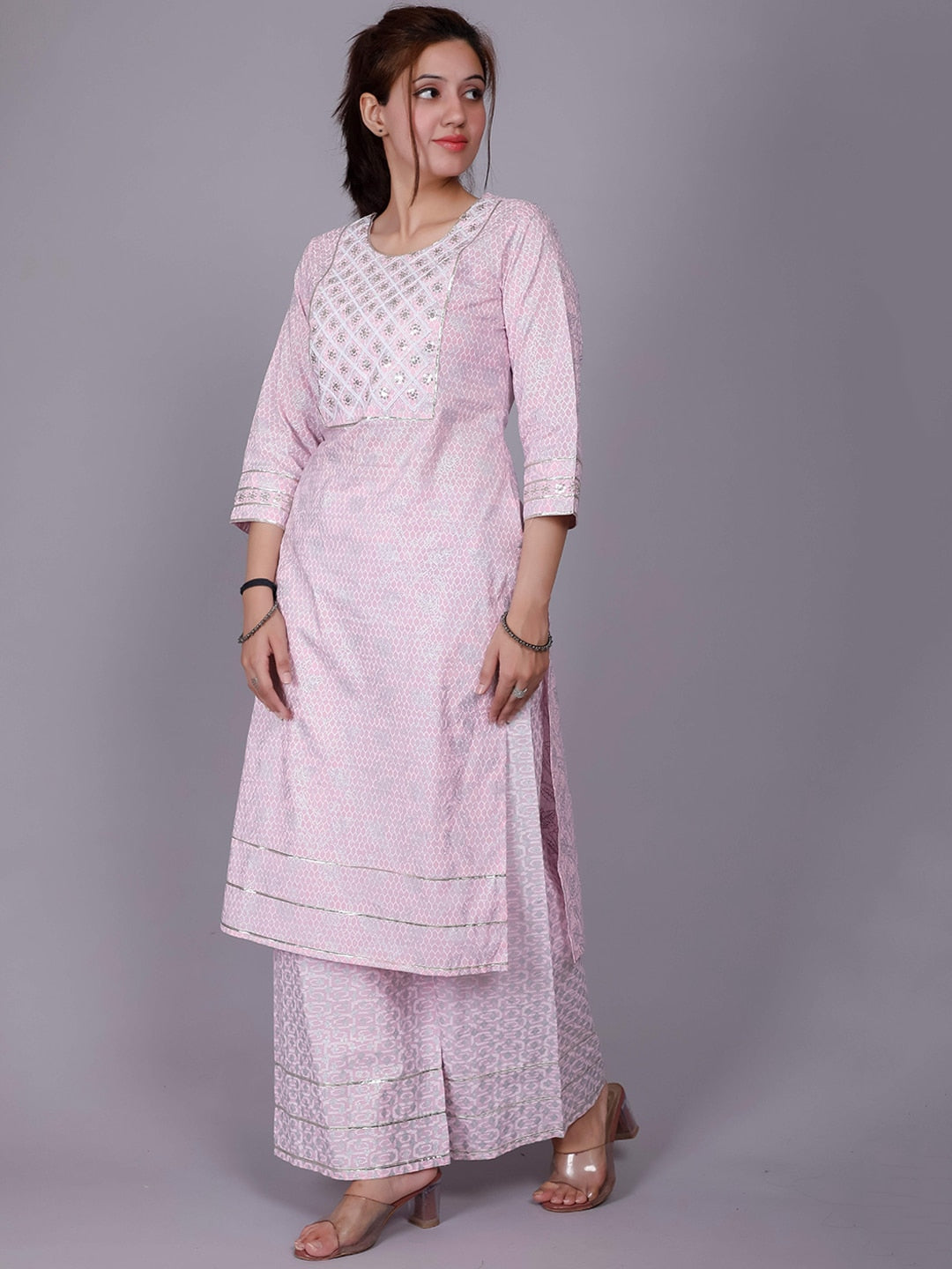 HERE&NOW Pink Ethnic Motifs Embroidered Sequinned Pure Cotton Kurta with Palazzos - Distacart