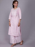 Thumbnail for HERE&NOW Pink Ethnic Motifs Embroidered Sequinned Pure Cotton Kurta with Palazzos - Distacart