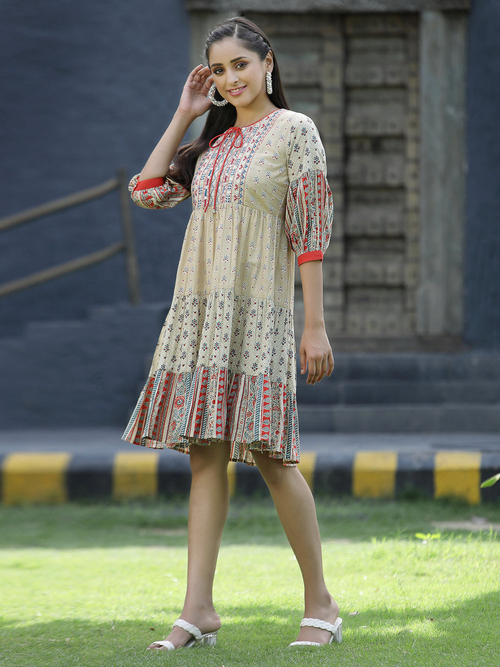 Juniper Beige Cambric Festive Embroidered Tiered Short Dress For Women - Distacart