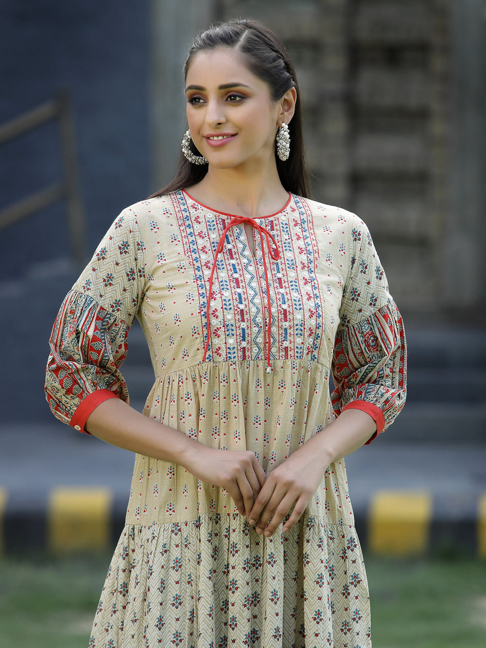 Juniper Beige Cambric Festive Embroidered Tiered Short Dress For Women - Distacart