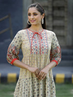 Thumbnail for Juniper Beige Cambric Festive Embroidered Tiered Short Dress For Women - Distacart