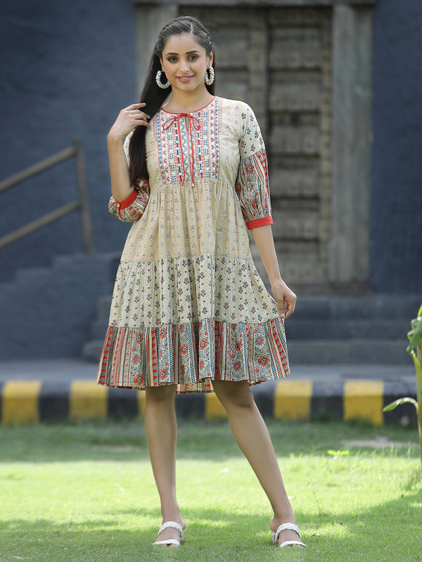 Juniper Beige Cambric Festive Embroidered Tiered Short Dress For Women - Distacart