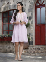 Thumbnail for Juniper Women's Lavender Cotton Dobby Embroidered A-Line Short Dress - Distacart