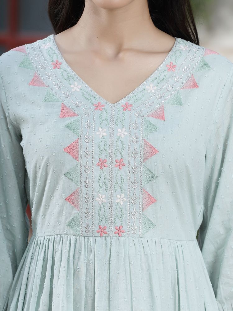 Juniper Women's Mint Green Cotton Dobby Embroidered A-Line Short Dress - Distacart
