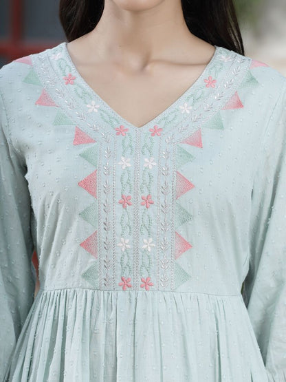 Juniper Women's Mint Green Cotton Dobby Embroidered A-Line Short Dress - Distacart