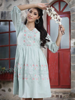 Thumbnail for Juniper Women's Mint Green Cotton Dobby Embroidered A-Line Short Dress - Distacart