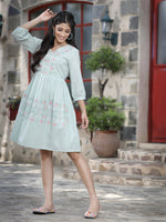 Thumbnail for Juniper Women's Mint Green Cotton Dobby Embroidered A-Line Short Dress - Distacart