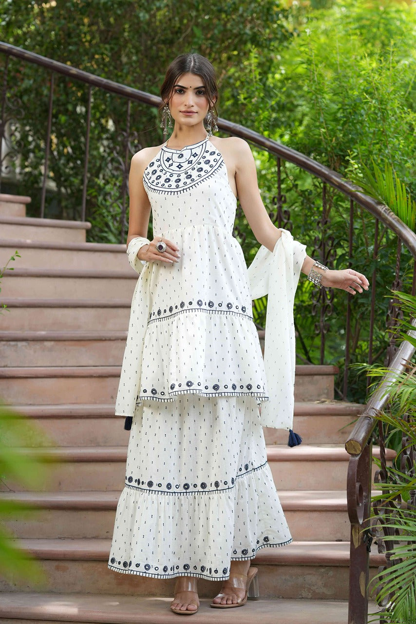 Juniper Off - White Cotton Dobby Festive Embroidered Tiered Skd For Women - Distacart