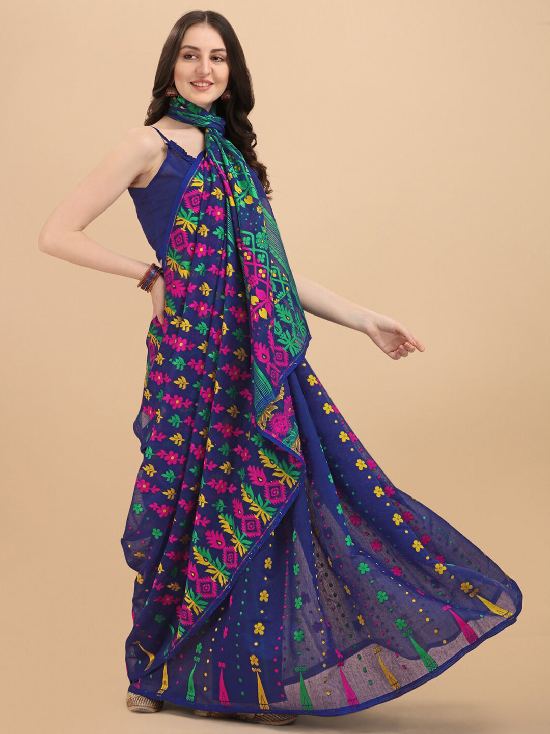 Kalini Navy Blue & Multi Color Floral Printed Silk Cotton Jamdani Saree - Distacart
