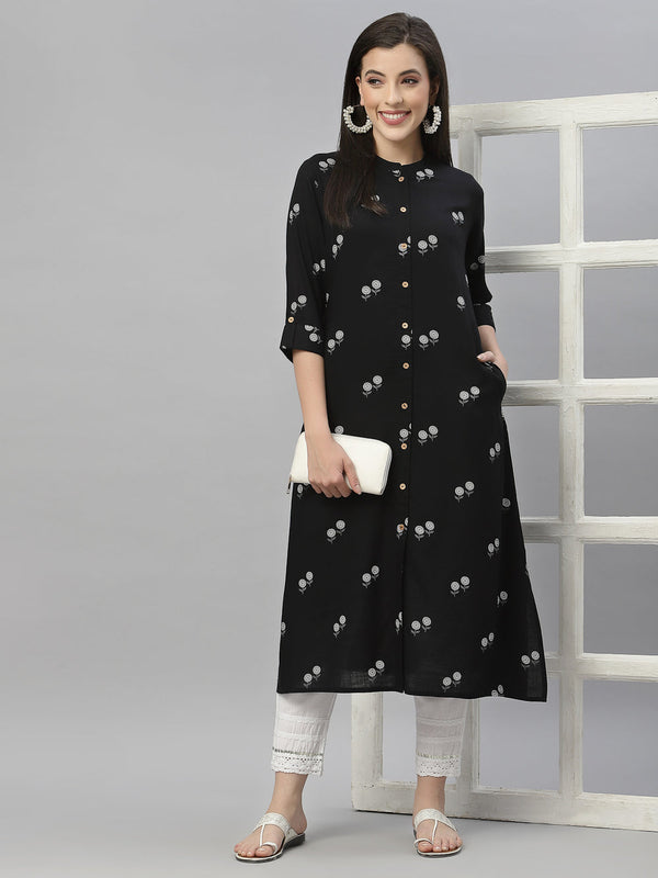 Juniper Black Rayon Festive Printed A-Line Kurta For Women - Distacart