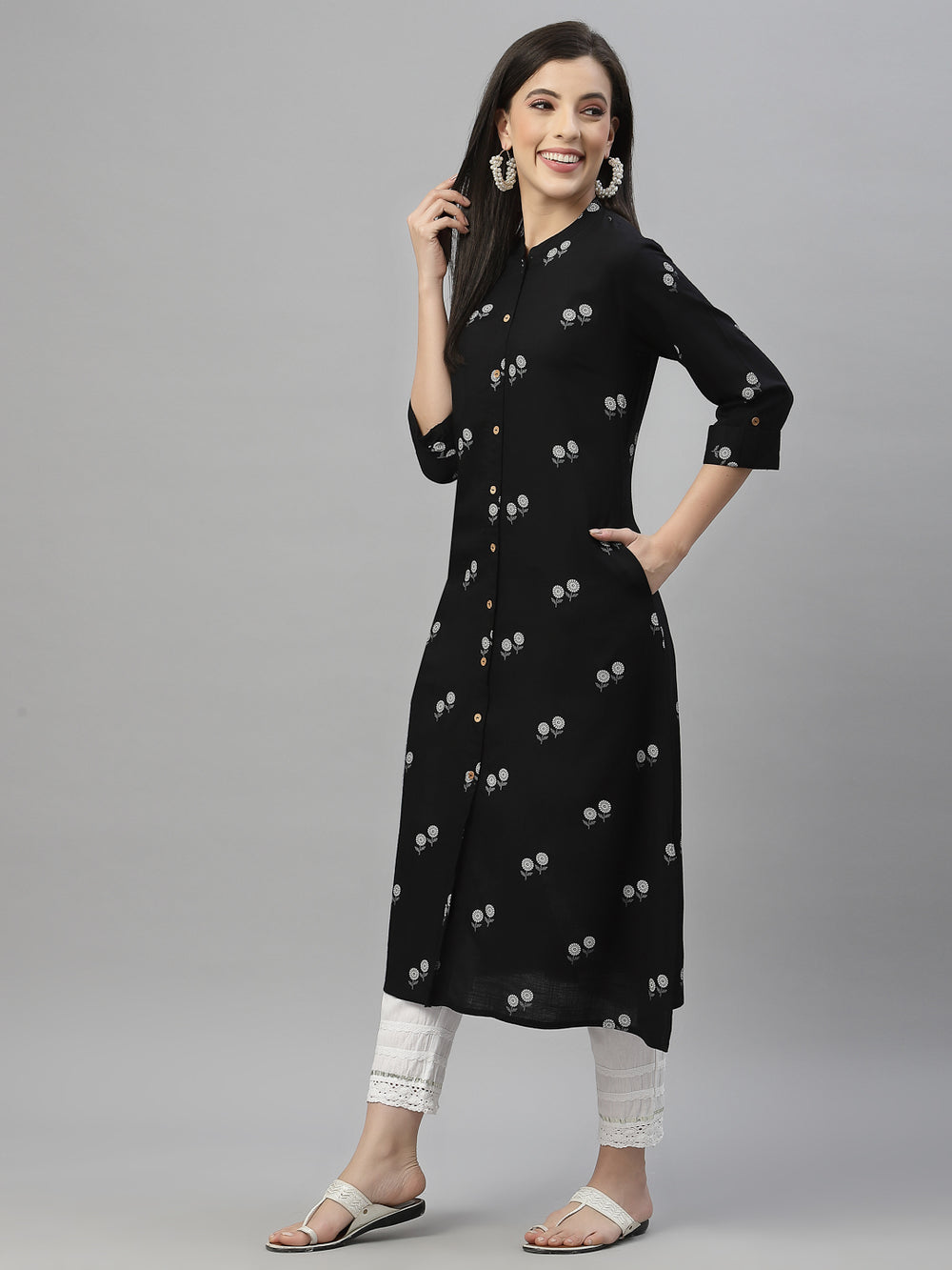 Juniper Black Rayon Festive Printed A-Line Kurta For Women - Distacart