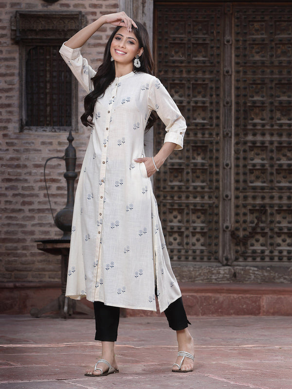 Juniper Women's Off - White Rayon Printed A-Line Kurta - Distacart