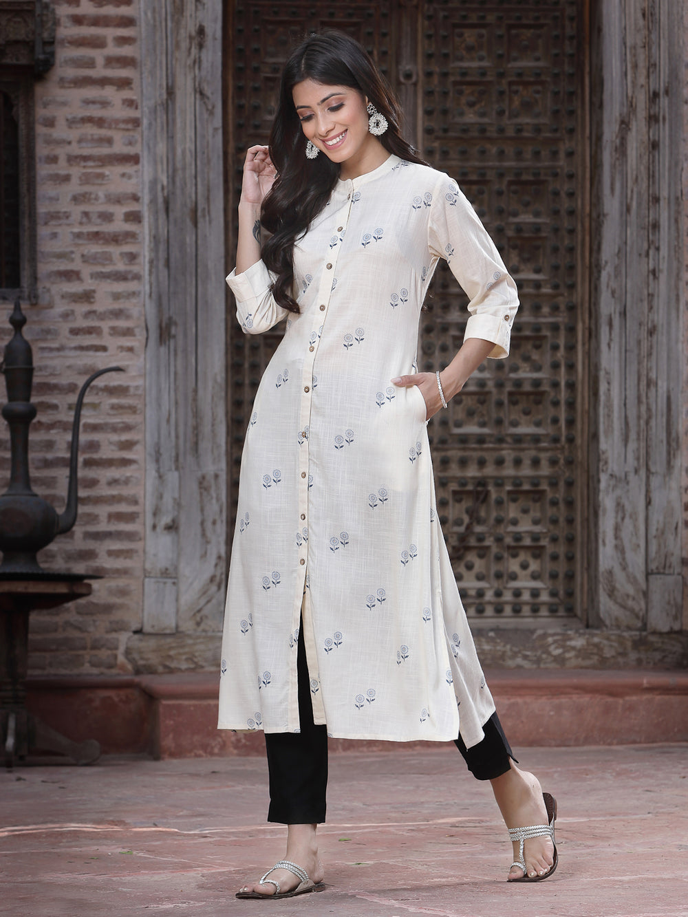 Juniper Women's Off - White Rayon Printed A-Line Kurta - Distacart