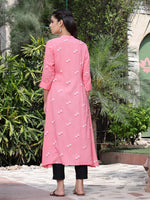 Thumbnail for Juniper Women's Pink Rayon Printed A-Line Kurta - Distacart