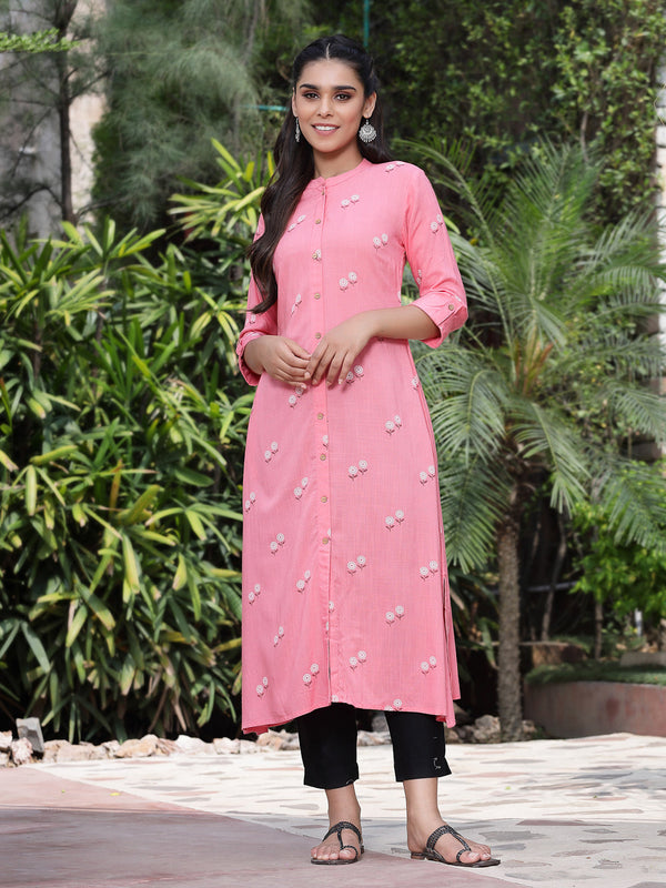 Juniper Women's Pink Rayon Printed A-Line Kurta - Distacart