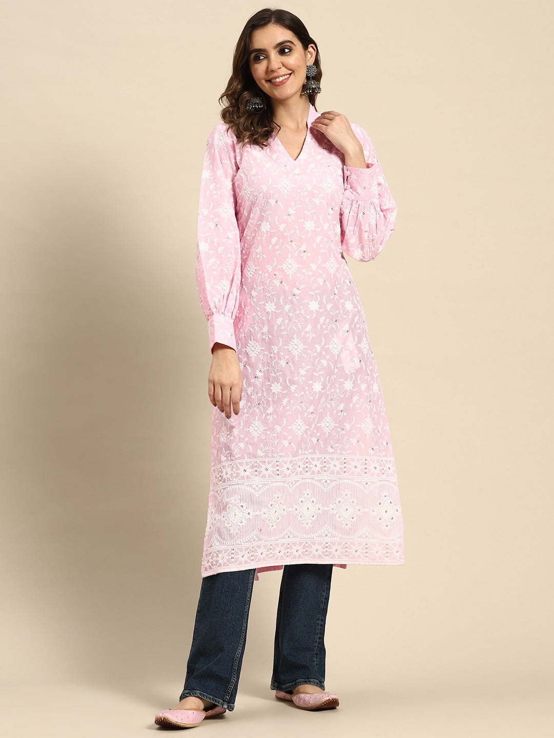 Sangria Floral Embroidered Puff Sleeves Cotton Kurta - Distacart