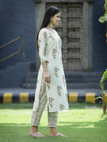 Thumbnail for Juniper Off White Cotton Dobby Festive Printed Straight Kurta Sets For Women - Distacart