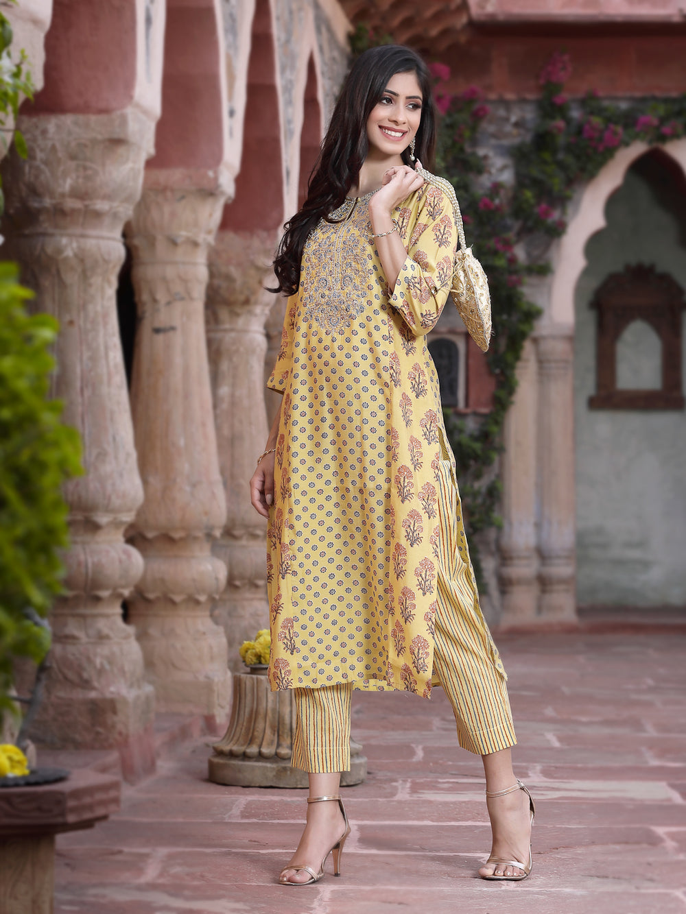 Juniper Women's Mustard Muslin Embroidered Straight Kurta Sets - Distacart
