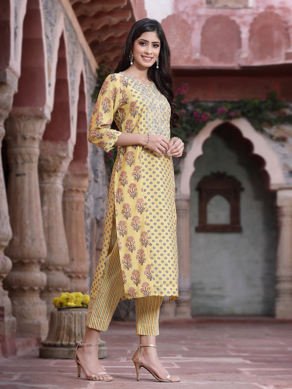 Juniper Women's Mustard Muslin Embroidered Straight Kurta Sets - Distacart