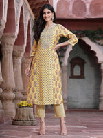 Thumbnail for Juniper Women's Mustard Muslin Embroidered Straight Kurta Sets - Distacart