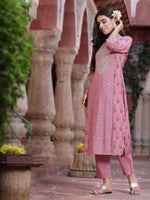 Thumbnail for Juniper Women's Pink Muslin Embroidered Straight Kurta Sets - Distacart