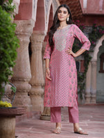 Thumbnail for Juniper Women's Pink Muslin Embroidered Straight Kurta Sets - Distacart