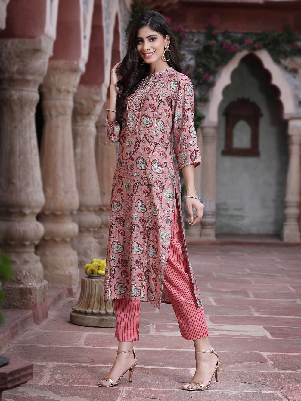 Juniper Women's Onion Pink Muslin Gold Foil Printed Straight Kurta Sets - Distacart