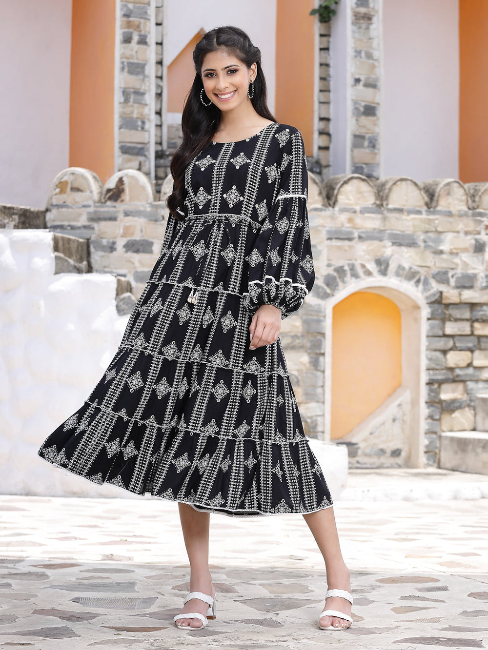 Juniper Women's Black Rayon Printed Tiered Dress - Distacart