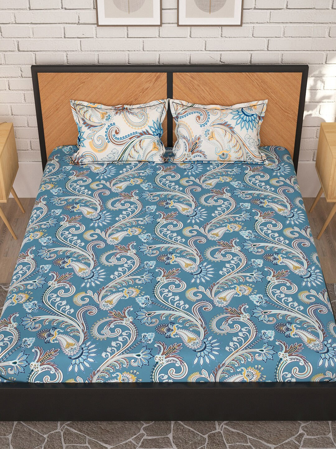 Story@home Blue & Cream-Coloured Ethnic Motifs 180 TC Queen Bedsheet With 2 Pillow Covers - Distacart