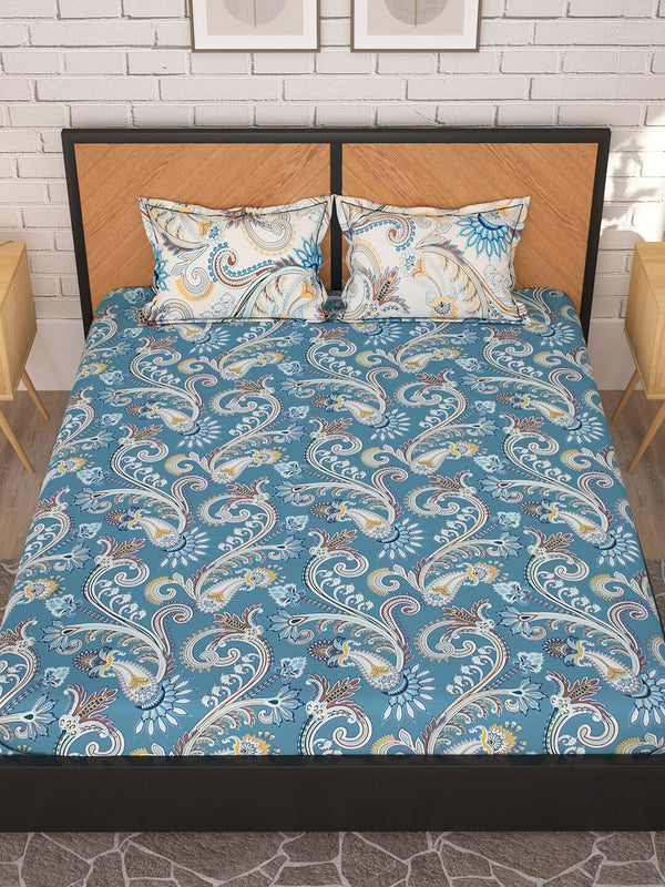 Story@home Blue & Cream-Coloured Ethnic Motifs 180 TC Queen Bedsheet With 2 Pillow Covers - Distacart