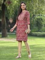 Thumbnail for Juniper Maroon Rayon Festive Embroidered Printed Straight Tunic For Women - Distacart