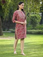 Thumbnail for Juniper Maroon Rayon Festive Embroidered Printed Straight Tunic For Women - Distacart