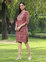 Thumbnail for Juniper Maroon Rayon Festive Embroidered Printed Straight Tunic For Women - Distacart