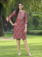 Thumbnail for Juniper Maroon Rayon Festive Embroidered Printed Straight Tunic For Women - Distacart
