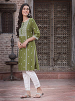 Thumbnail for Juniper Women's Green Rayon Placement Print Straight Kurta - Distacart