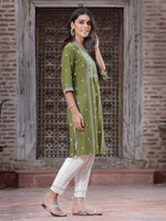 Thumbnail for Juniper Women's Green Rayon Placement Print Straight Kurta - Distacart
