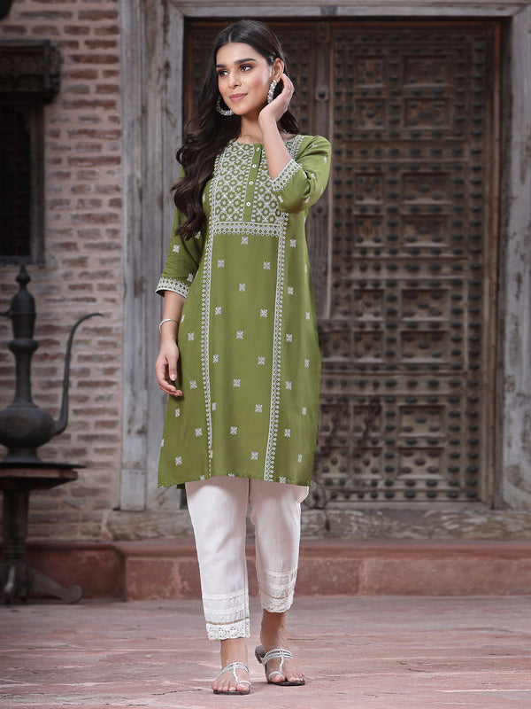 Juniper Women's Green Rayon Placement Print Straight Kurta - Distacart